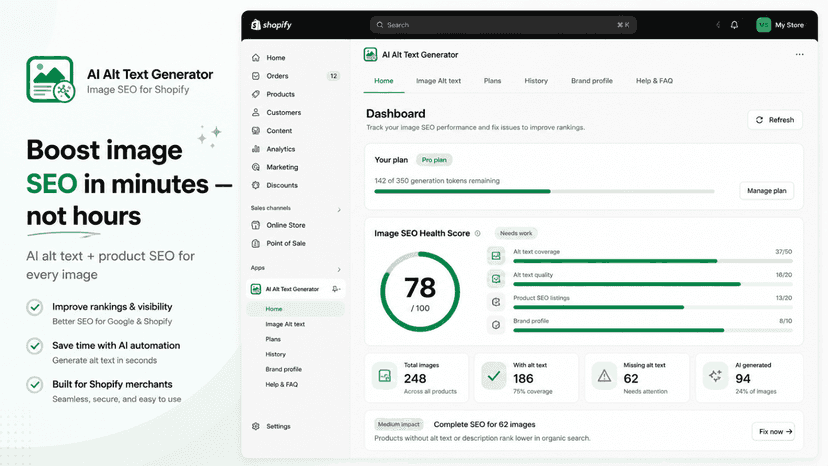 Shopify AI alt text dashboard, image SEO health score & metrics