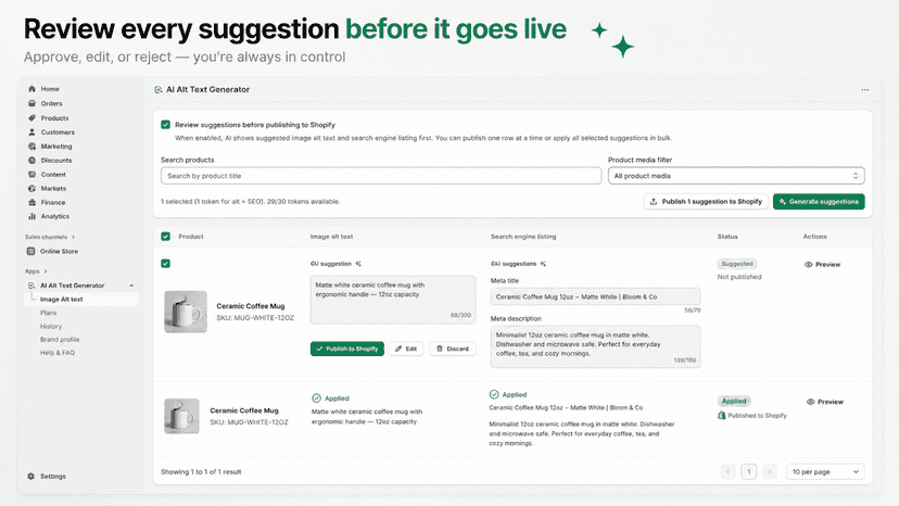 Review & publish AI alt text and product SEO suggestions safely