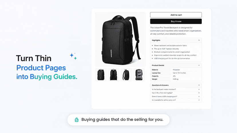 Product page with specs, highlights, FAQs, and guidance