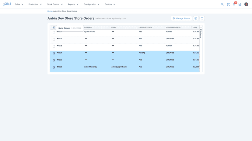 YoPrint screen to select and sync Shopify store orders.