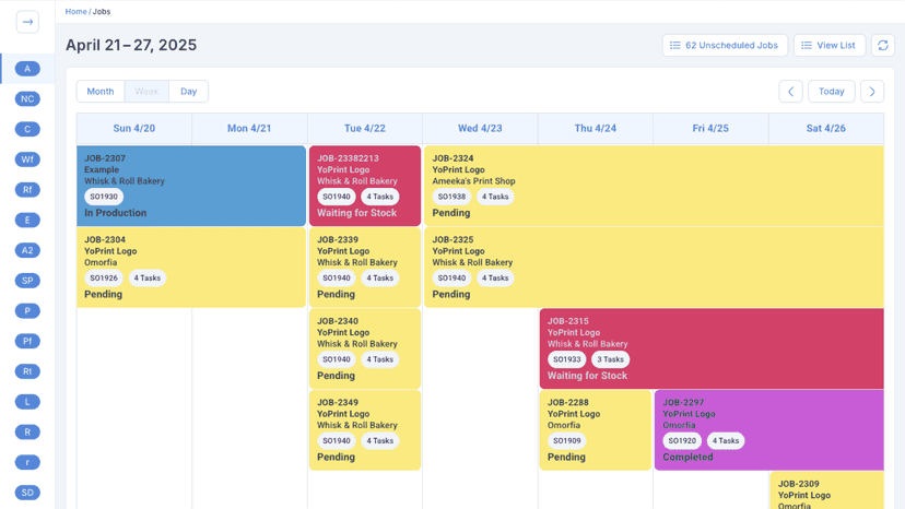 YoPrint production calendar showing scheduled jobs by day.