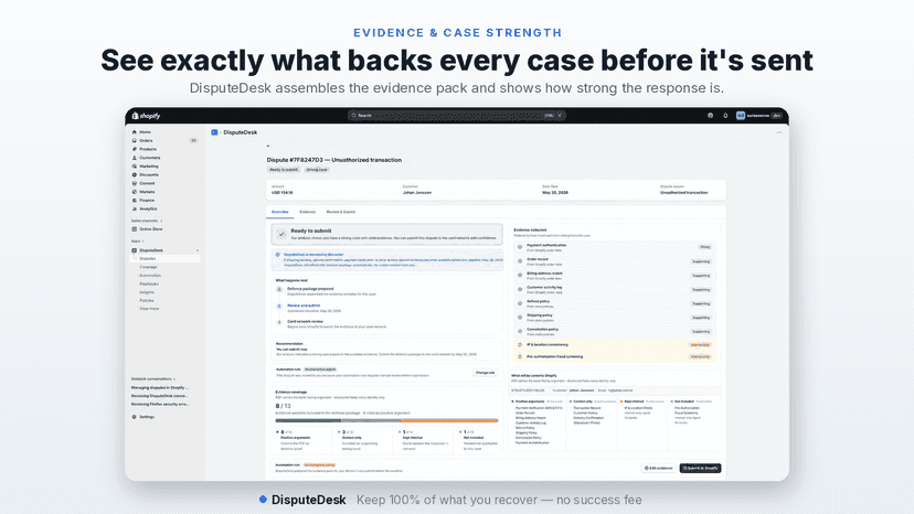 Dispute evidence pack with case strength before submitting