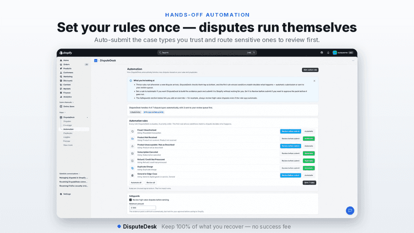 DisputeDesk automation rules routing disputes by type