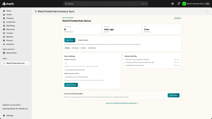 Manage syncing and settings inside your Shopify Store admin