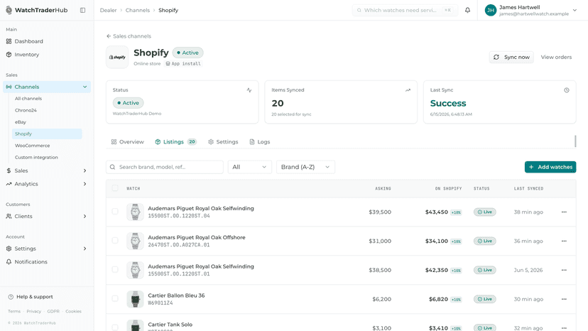Watches synced to Shopify with price and live status