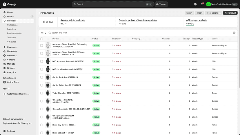 Synced watches as products in your Shopify admin