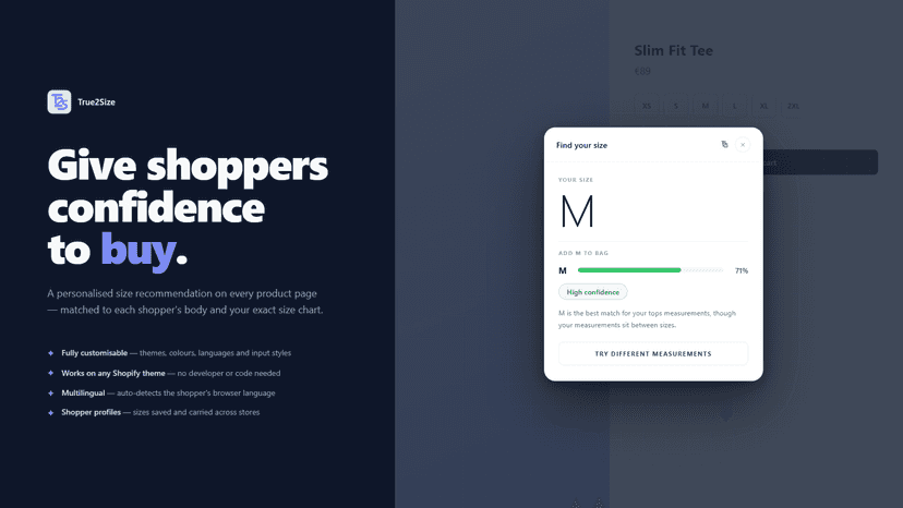 True2Size widget: M recommendation with high confidence