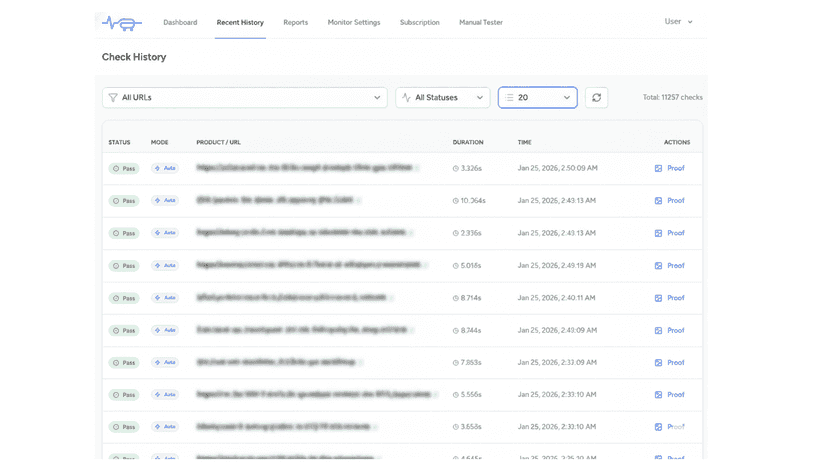 Detailed monitoring history with proof screenshots