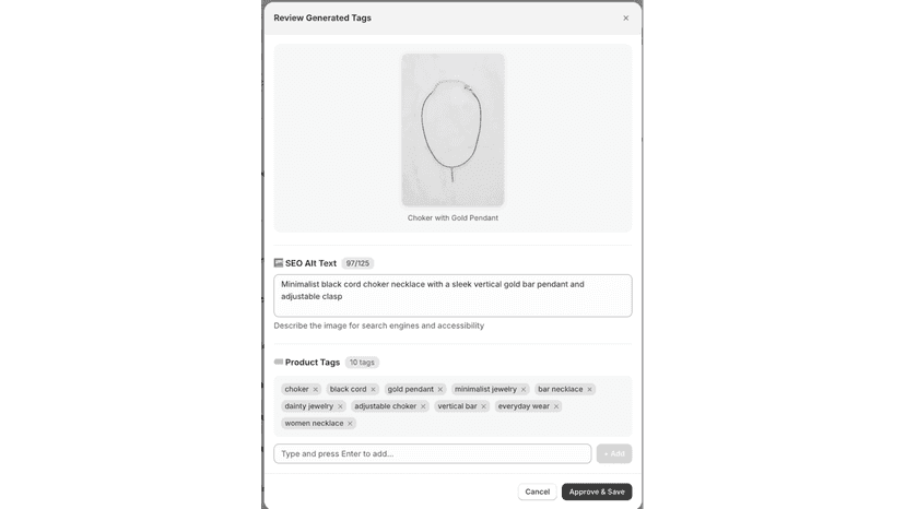 Review modal displaying a product image with AI-generated SEO Al