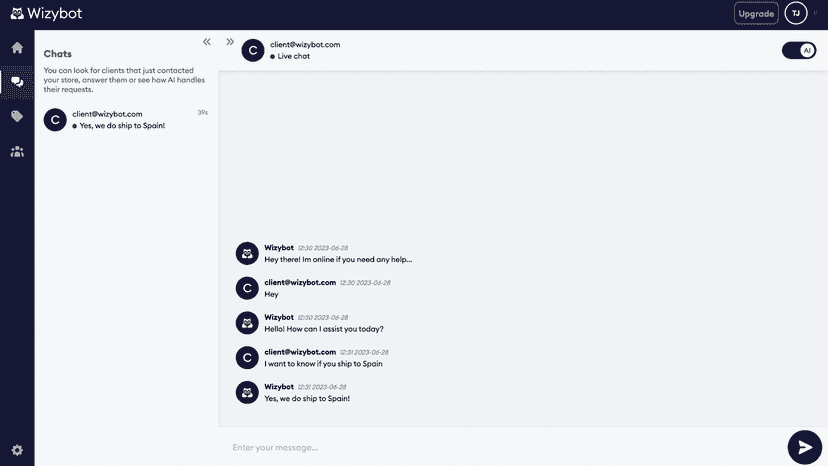Wizybot chat dashboard page