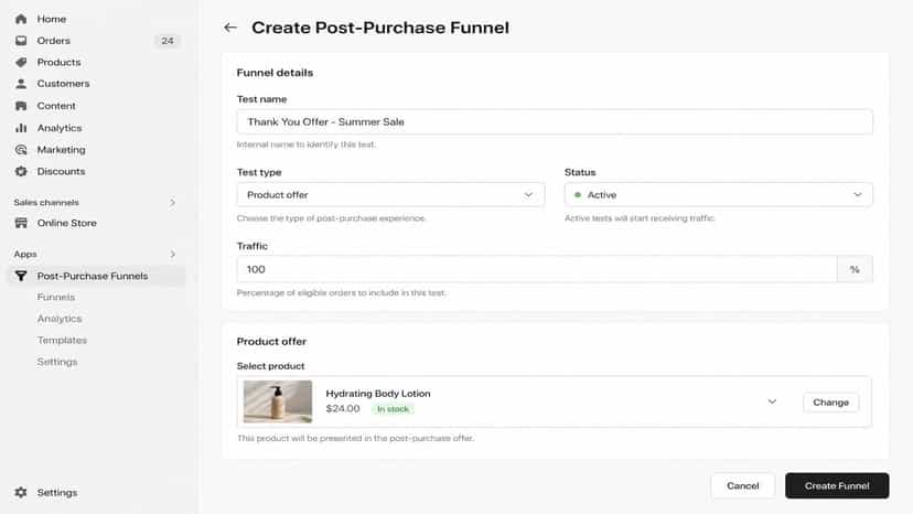 Create funnel form with test types and product picker