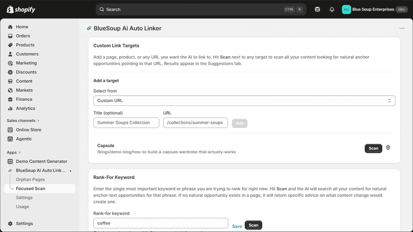 Scanning for links for targeted content