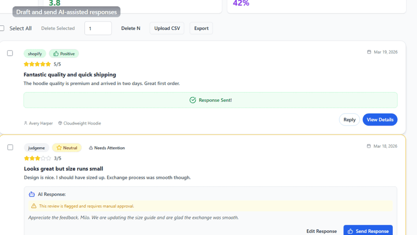 Review list with AI response draft and send action