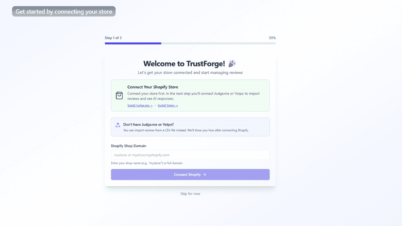 Onboarding screen to connect Shopify store and start setup