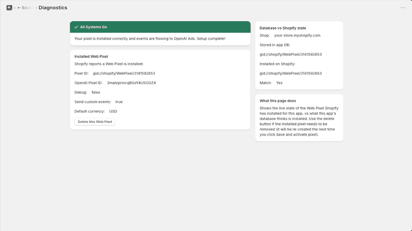 Diagnostics page showing All Systems Go banner and Match:Yes