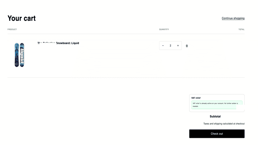 VAT relief applied on cart page