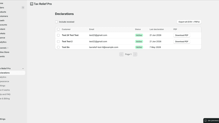 Merchant dashboard listing all VAT relief declarations