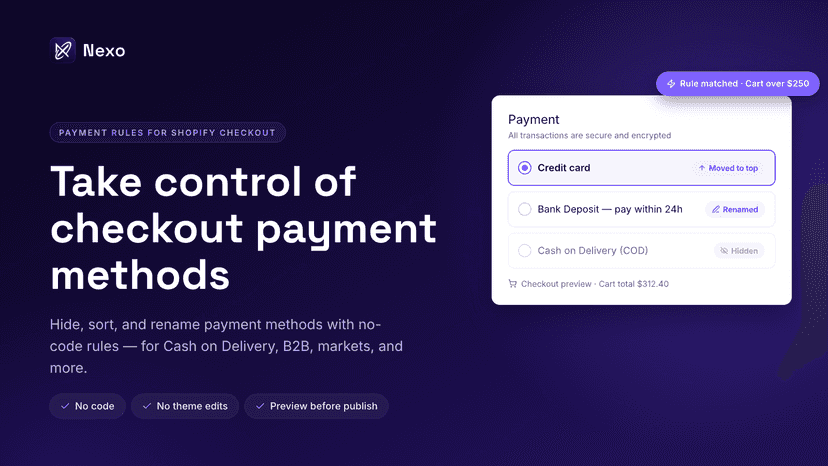 Nexo checkout preview: reorder, rename, and hide COD