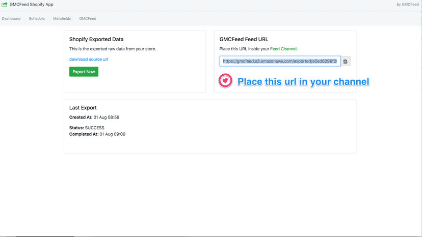 gmcfeed shopify app dashboard copy link and place in google
