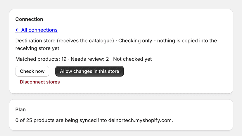First check: matched products and nothing copied yet