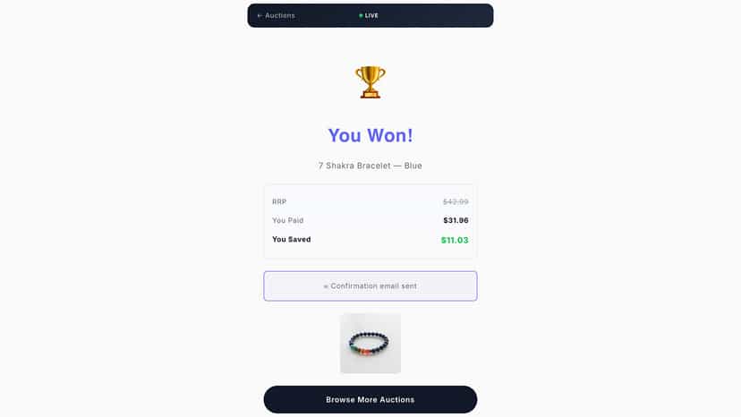 Winner screen showing savings breakdown after purchase