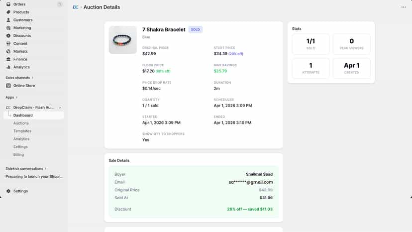 Auction details with sale info and purchase attempts