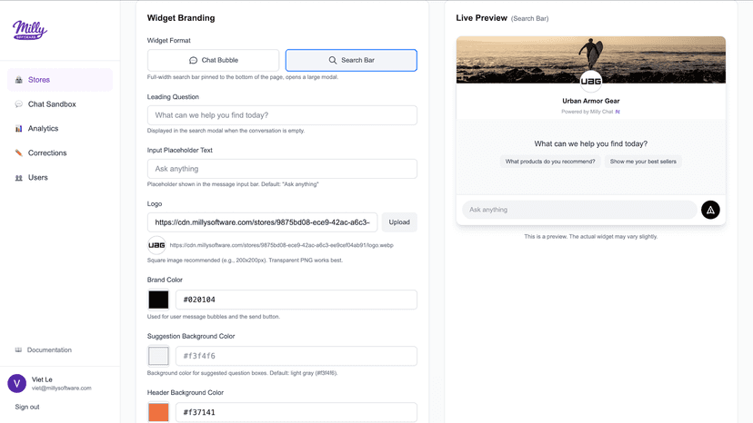 Customize colors, messages, and quick questions