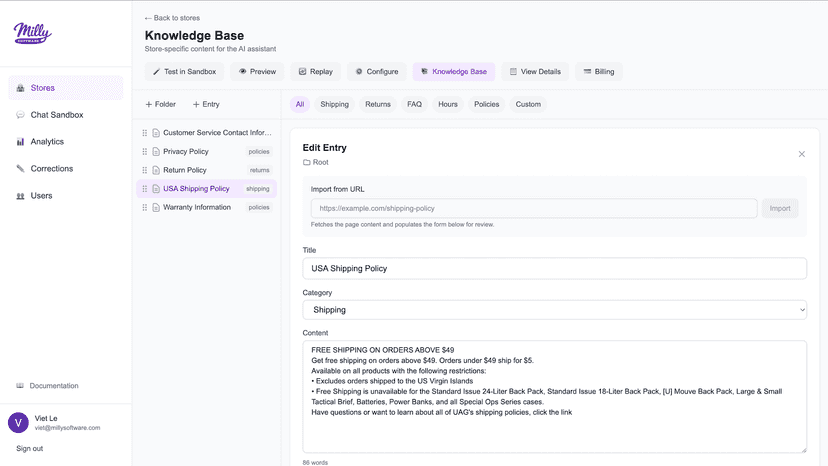 Add FAQs and policies the AI can reference