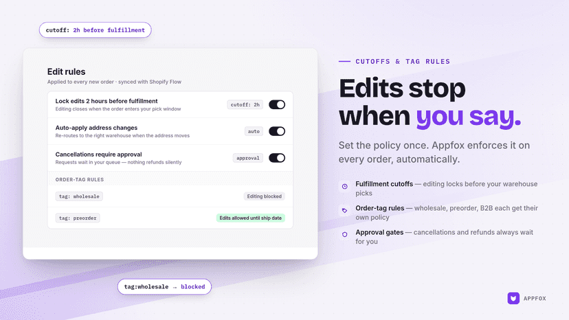 Edit rules showing address auto-apply, cancel approval