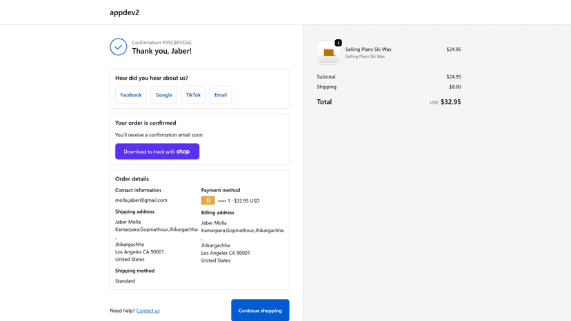 Shows thank you page extension module in live