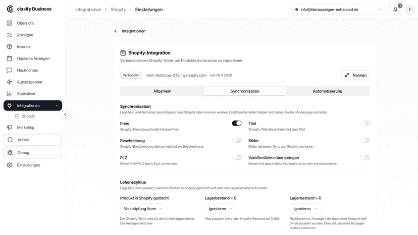 clasify shopify Einstellungen Synchronisation