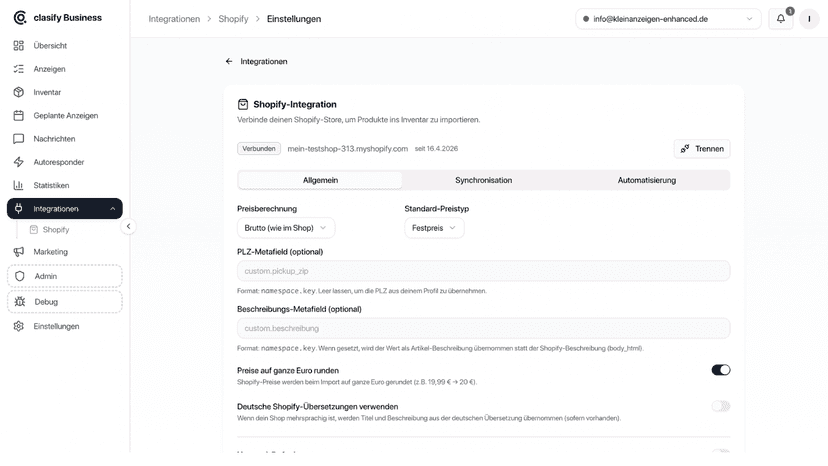 clasify shopify Einstellungen Allgemein