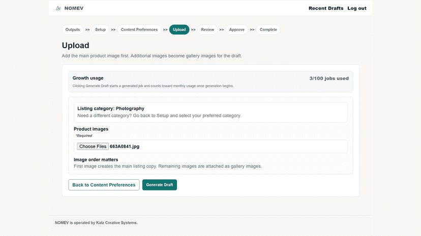 Upload a product image to generate Shopify drafts