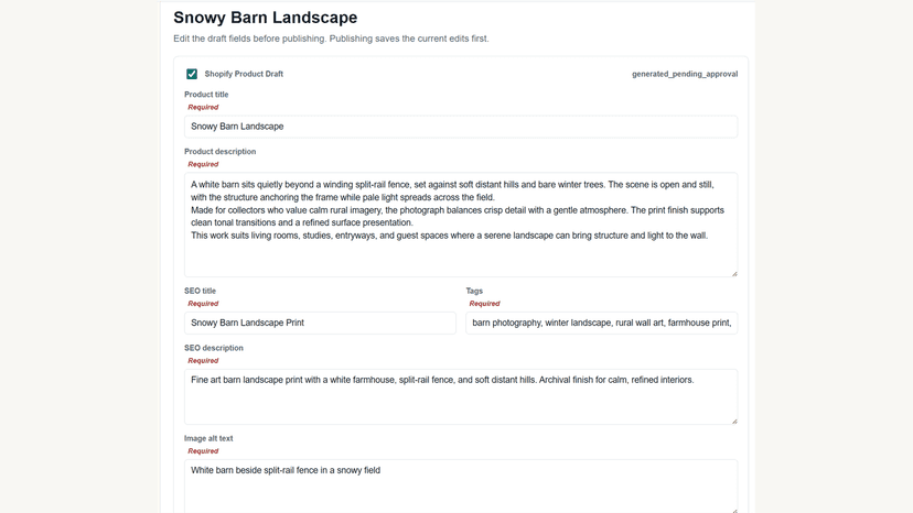 Review and edit generated Shopify product draft content