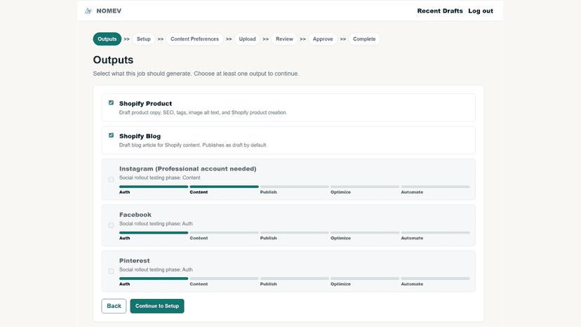 Select Shopify product and blog draft outputs