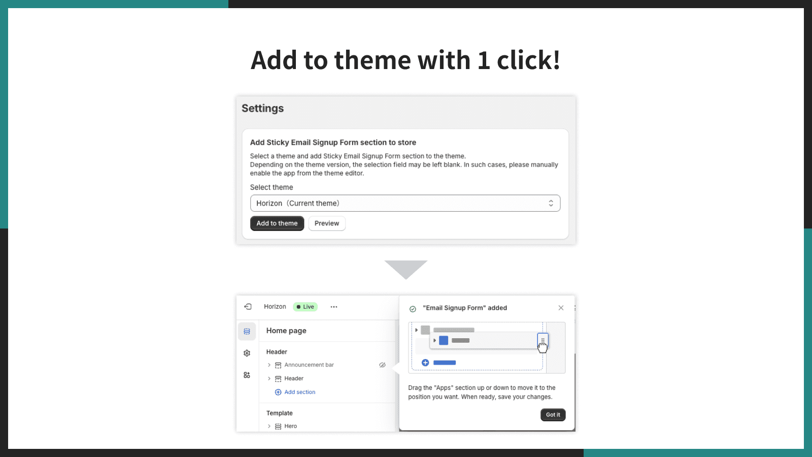 Add to theme with 1 click!