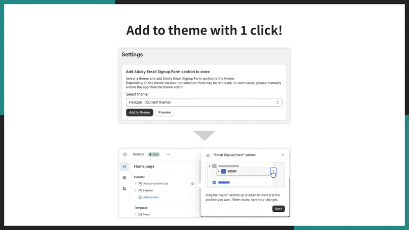 Add to theme with 1 click!