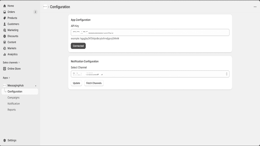 Configuration page to connect with MessagingHub