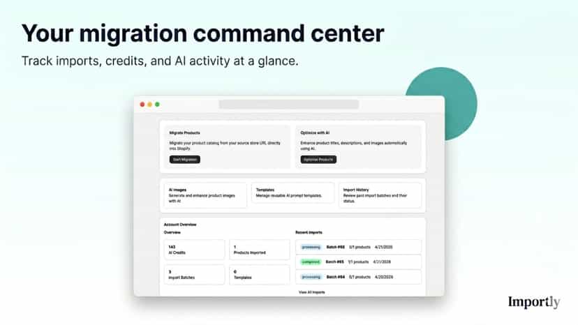 Importly dashboard with migration stats and credit balance