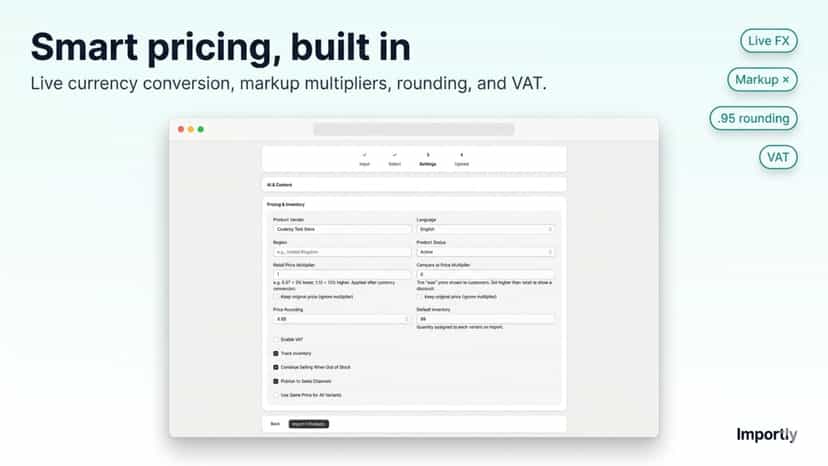 Configure currency, markup, rounding, and VAT on import