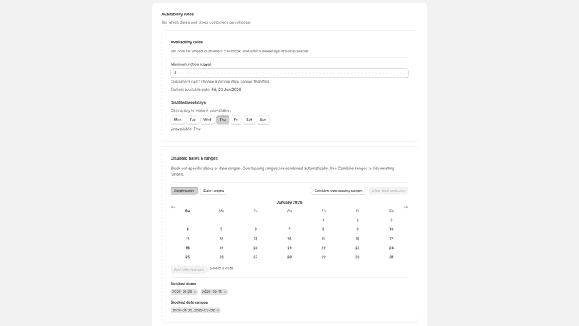 Merchant settings for pickup dates, times, and availability