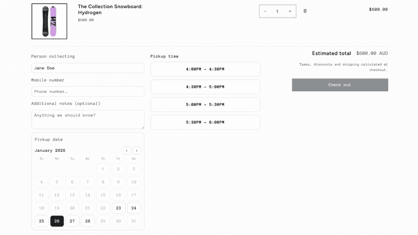 Cart calendar requiring pickup date before checkout