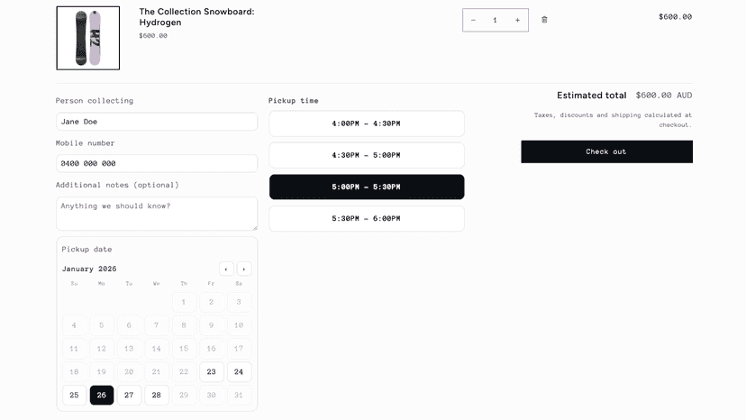 Cart page calendar for selecting pickup date and time