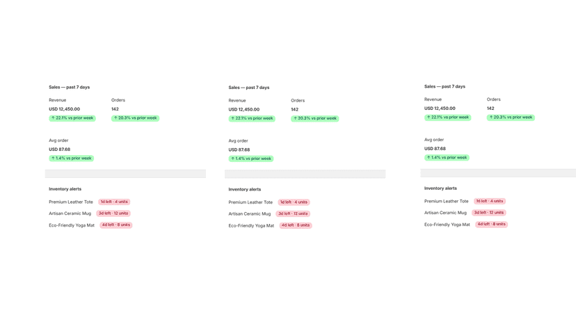 Email report showing store financial, customer, and inventory