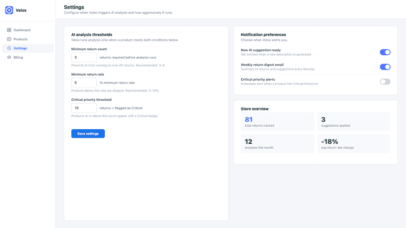 Settings page με thresholds + store stats