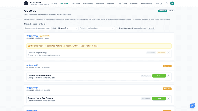 Worker tablet view: assigned tasks across orders, one-tap done