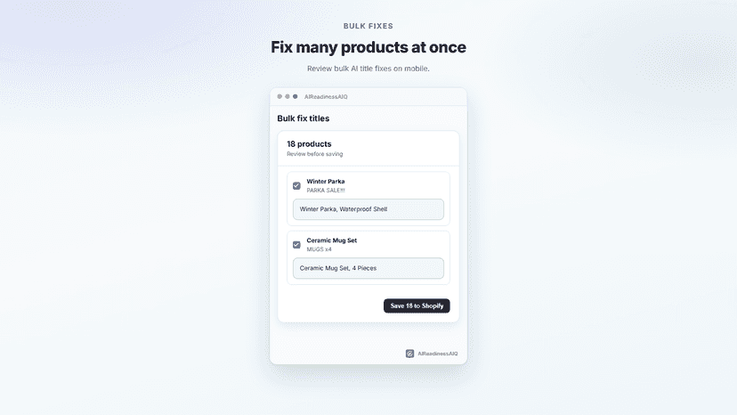 Mobile bulk fix review for title issues on many products.