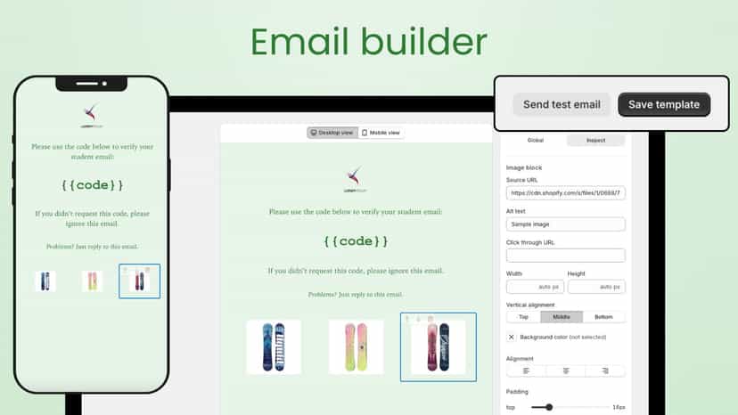 Screenshot of email builder for student verification emails
