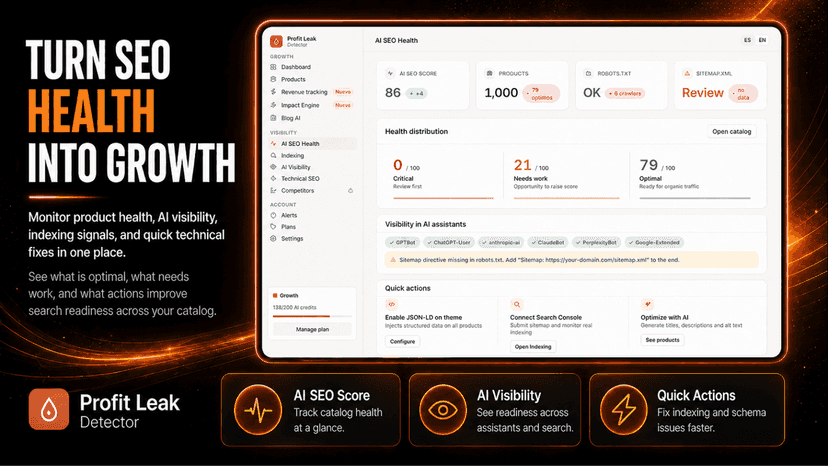 AI SEO health dashboard for Shopify visibility and indexing scan