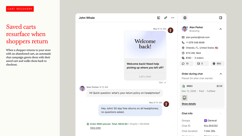 Automatic cart recovery chat for returning shoppers